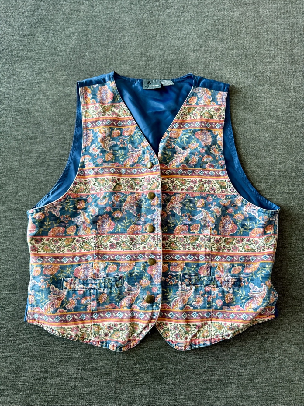 Grandmacore 90s Liz Wear Vintage Paisley Striped Button Front Vest Petite Medium